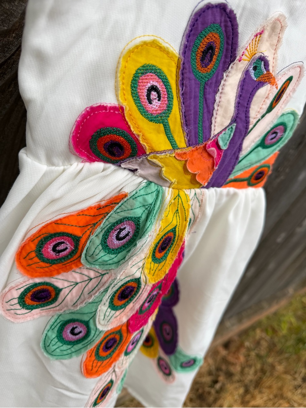 🥳 HP Peacock Appliqué BOLD Sundress Vibrant Party Dress 6 7 Portrait Girl Unique - Picture 3 of 12